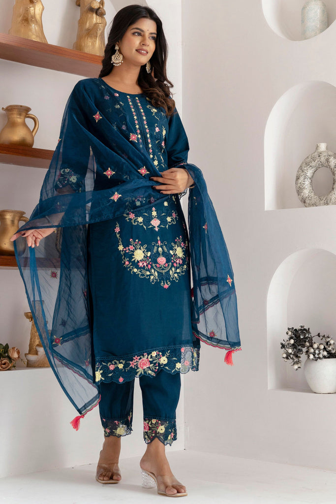 Charming Navy Blue Viscose Silk Embroidered Salwar Suit with Floral Dupatta