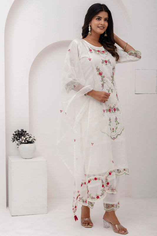 Glorious White Viscose Silk Embroidered Salwar Suit with Floral Dupatta