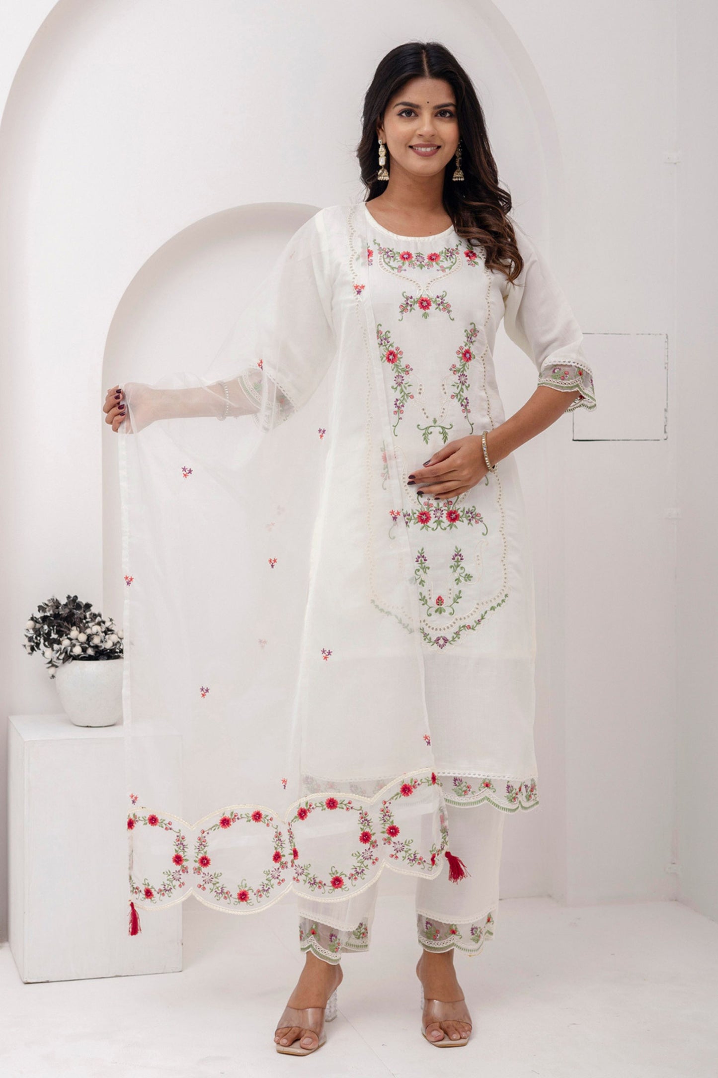 Glorious White Viscose Silk Embroidered Salwar Suit with Floral Dupatta