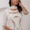 Glorious White Viscose Silk Embroidered Salwar Suit with Floral Dupatta