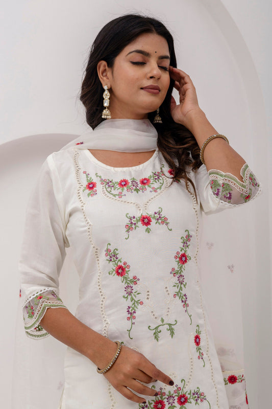 Glorious White Viscose Silk Embroidered Salwar Suit with Floral Dupatta