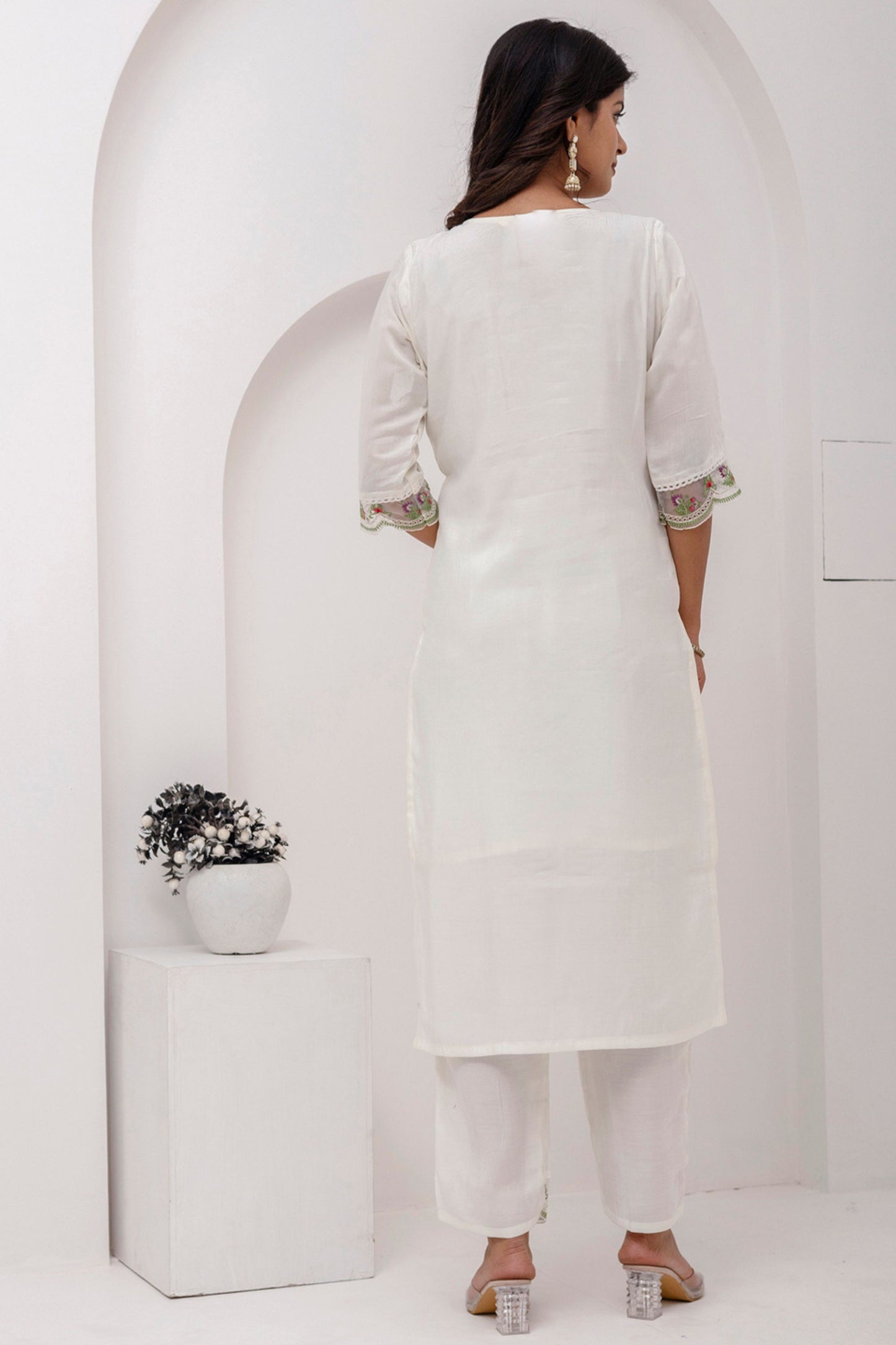 Glorious White Viscose Silk Embroidered Salwar Suit with Floral Dupatta