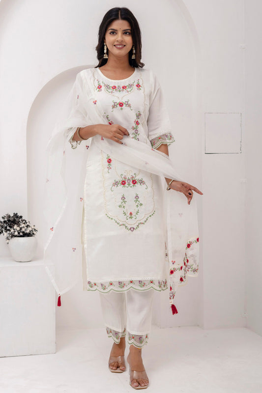 Glorious White Viscose Silk Embroidered Salwar Suit with Floral Dupatta