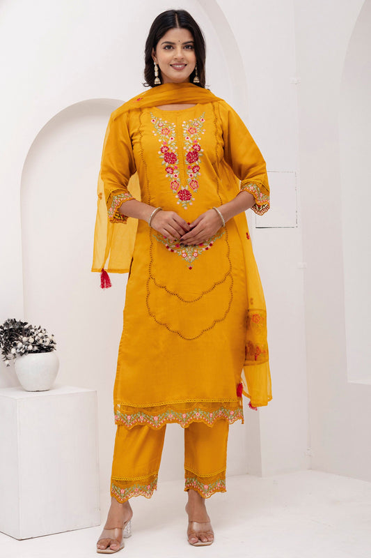 Radiant Mustard Yellow Viscose Silk Embroidered Salwar Suit with Floral Dupatta