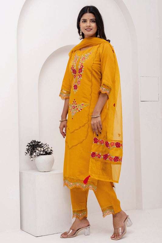 Radiant Mustard Yellow Viscose Silk Embroidered Salwar Suit with Floral Dupatta