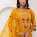 Radiant Mustard Yellow Viscose Silk Embroidered Salwar Suit with Floral Dupatta