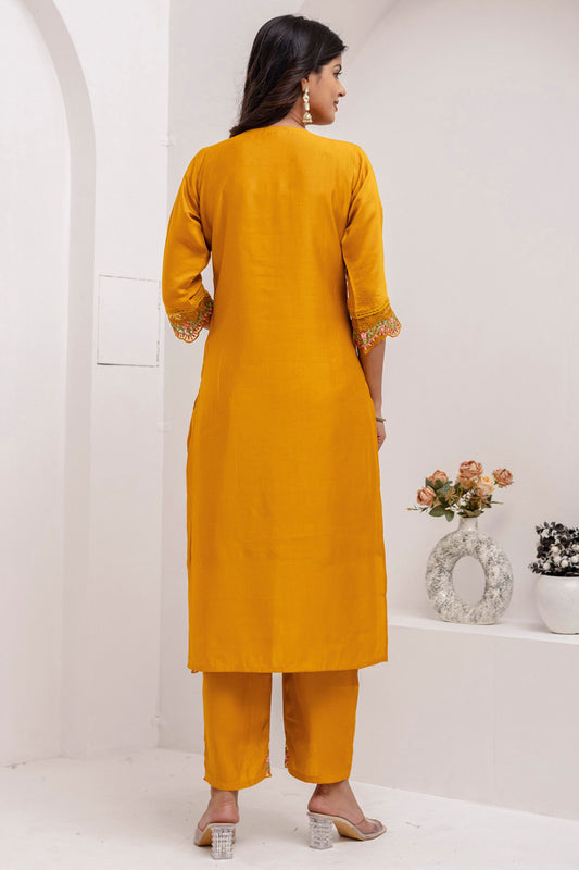 Radiant Mustard Yellow Viscose Silk Embroidered Salwar Suit with Floral Dupatta