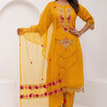 Radiant Mustard Yellow Viscose Silk Embroidered Salwar Suit with Floral Dupatta