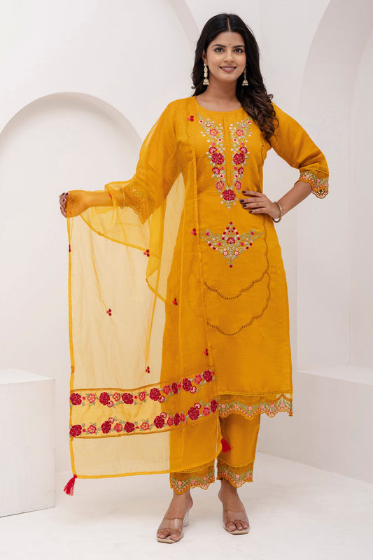 Radiant Mustard Yellow Viscose Silk Embroidered Salwar Suit with Floral Dupatta