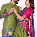 Elegant Green and Pink Traditional Couple Outfit Set with Printed Lehenga and Matching Kurta