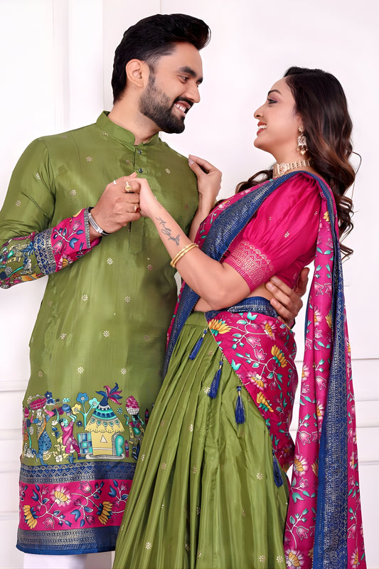 Elegant Green and Pink Traditional Couple Outfit Set with Printed Lehenga and Matching Kurta