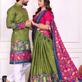 Elegant Green and Pink Traditional Couple Outfit Set with Printed Lehenga and Matching Kurta