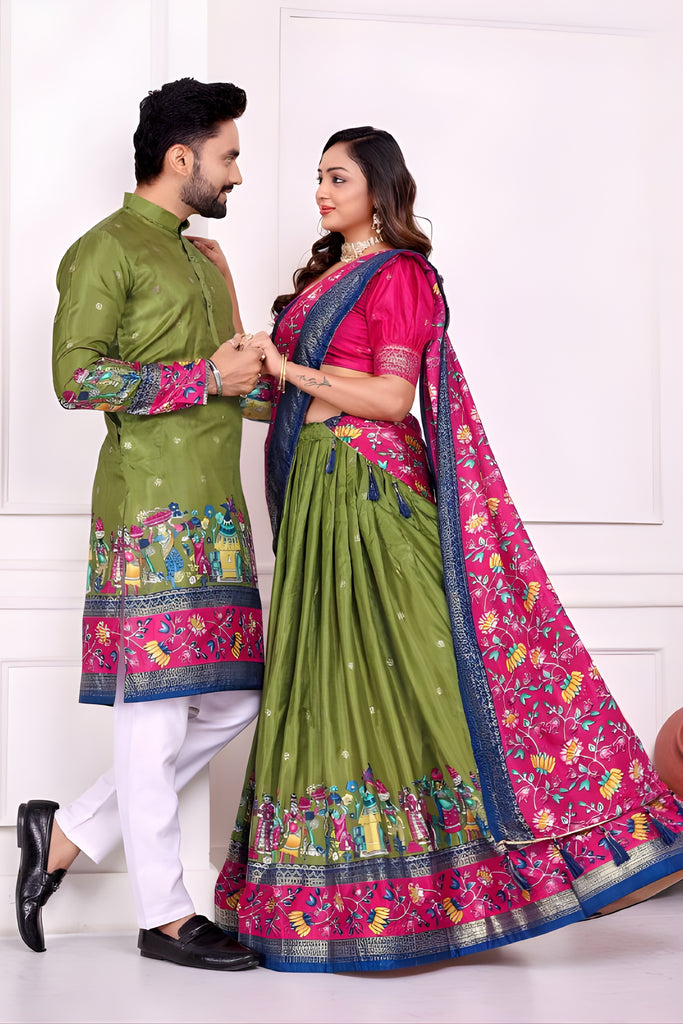 Elegant Green and Pink Traditional Couple Outfit Set with Printed Lehenga and Matching Kurta