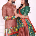 Trendy Brown and Green Traditional Couple Outfit Set with Printed Lehenga and Matching Kurta