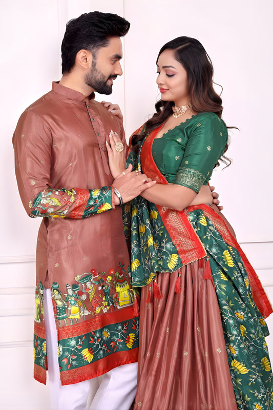Trendy Brown and Green Traditional Couple Outfit Set with Printed Lehenga and Matching Kurta