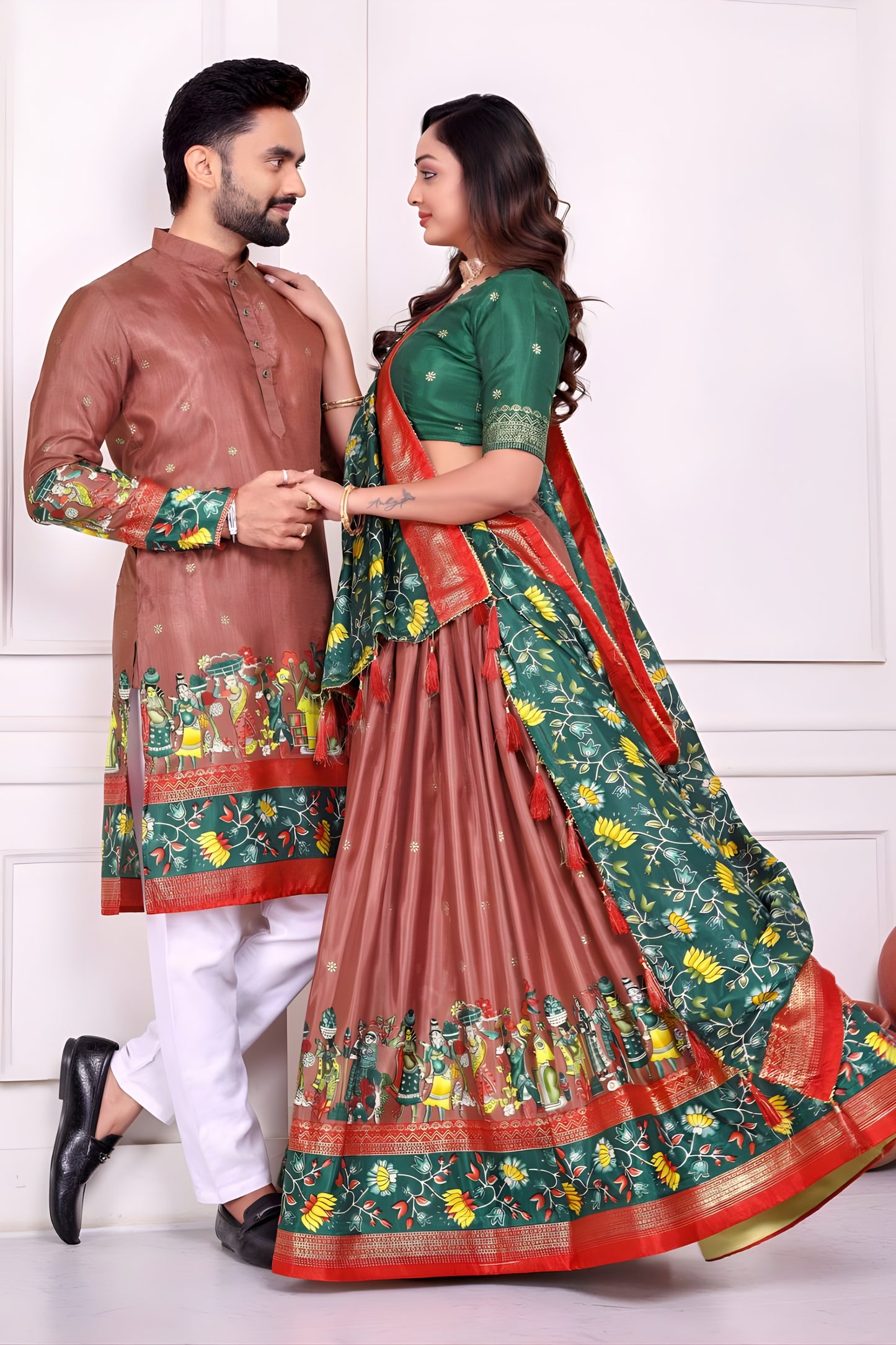 Trendy Brown and Green Traditional Couple Outfit Set with Printed Lehenga and Matching Kurta