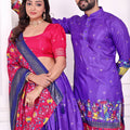 Vibrant Purple and Pink Traditional Couple Outfit Set with Printed Lehenga and Matching Kurta