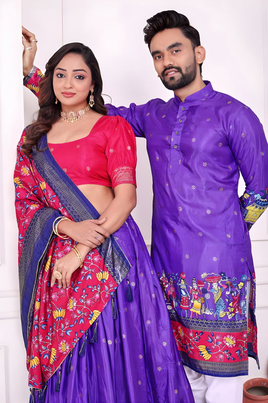 Vibrant Purple and Pink Traditional Couple Outfit Set with Printed Lehenga and Matching Kurta