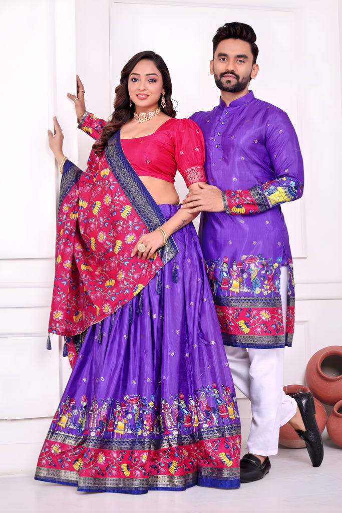 Vibrant Purple and Pink Traditional Couple Outfit Set with Printed Lehenga and Matching Kurta
