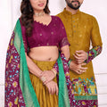 Stylish Mustard Yellow and Maroon Traditional Couple Outfit Set with Printed Lehenga and Matching Kurta
