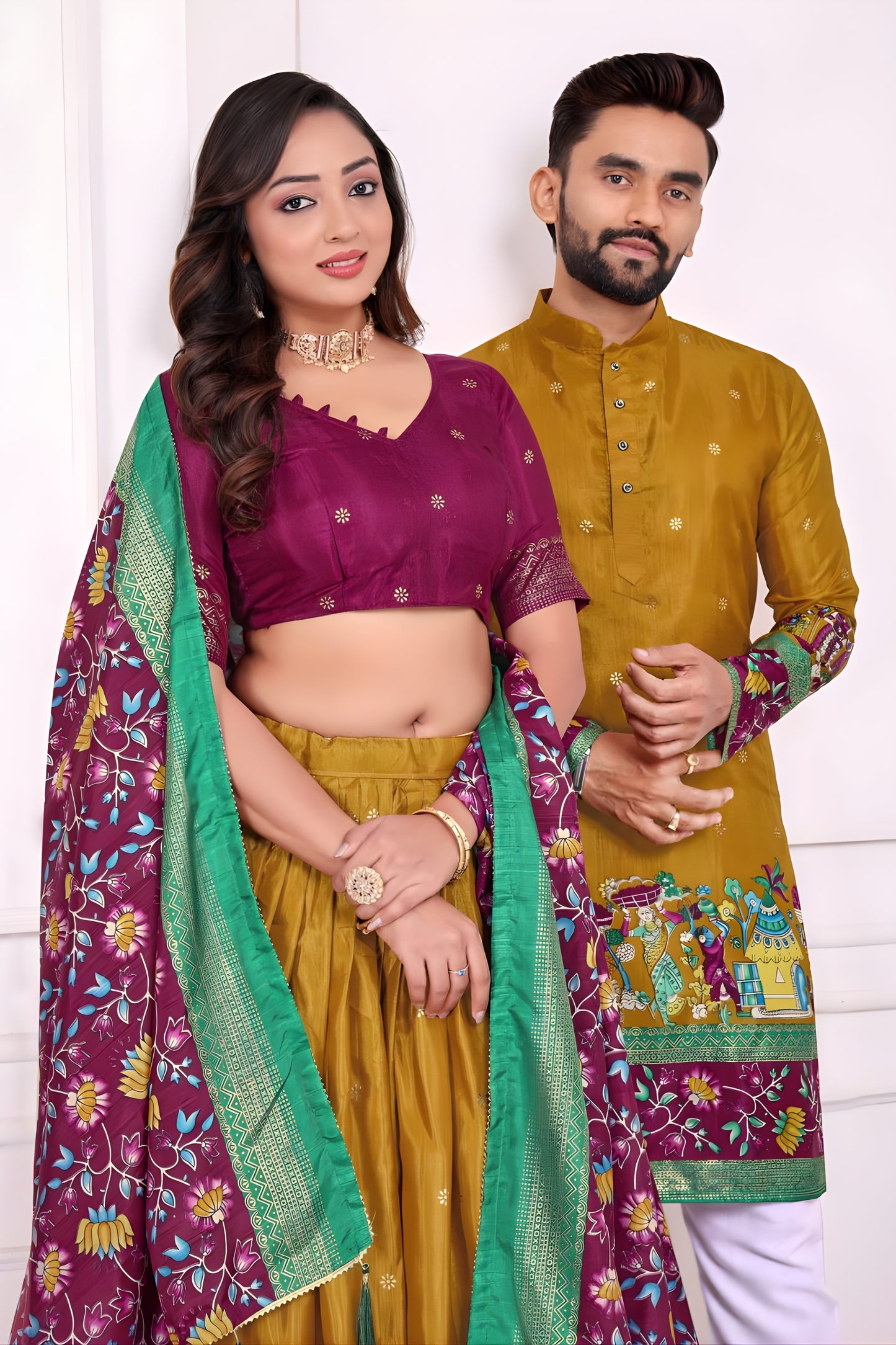 Stylish Mustard Yellow and Maroon Traditional Couple Outfit Set with Printed Lehenga and Matching Kurta