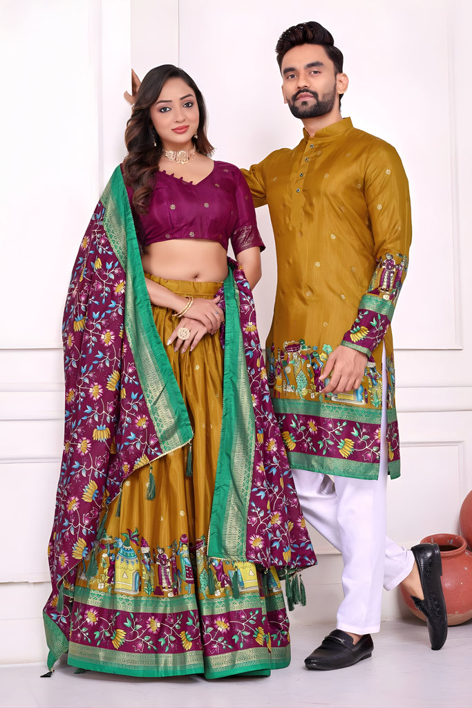 Stylish Mustard Yellow and Maroon Traditional Couple Outfit Set with Printed Lehenga and Matching Kurta
