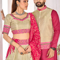 Elegant Beige and Pink Jacquard Silk Traditional Couple Outfit Set with Lehenga and Matching Kurta Jacket