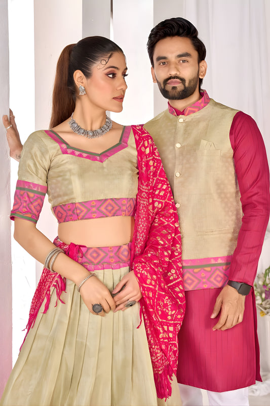 Elegant Beige and Pink Jacquard Silk Traditional Couple Outfit Set with Lehenga and Matching Kurta Jacket