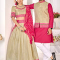 Elegant Beige and Pink Jacquard Silk Traditional Couple Outfit Set with Lehenga and Matching Kurta Jacket