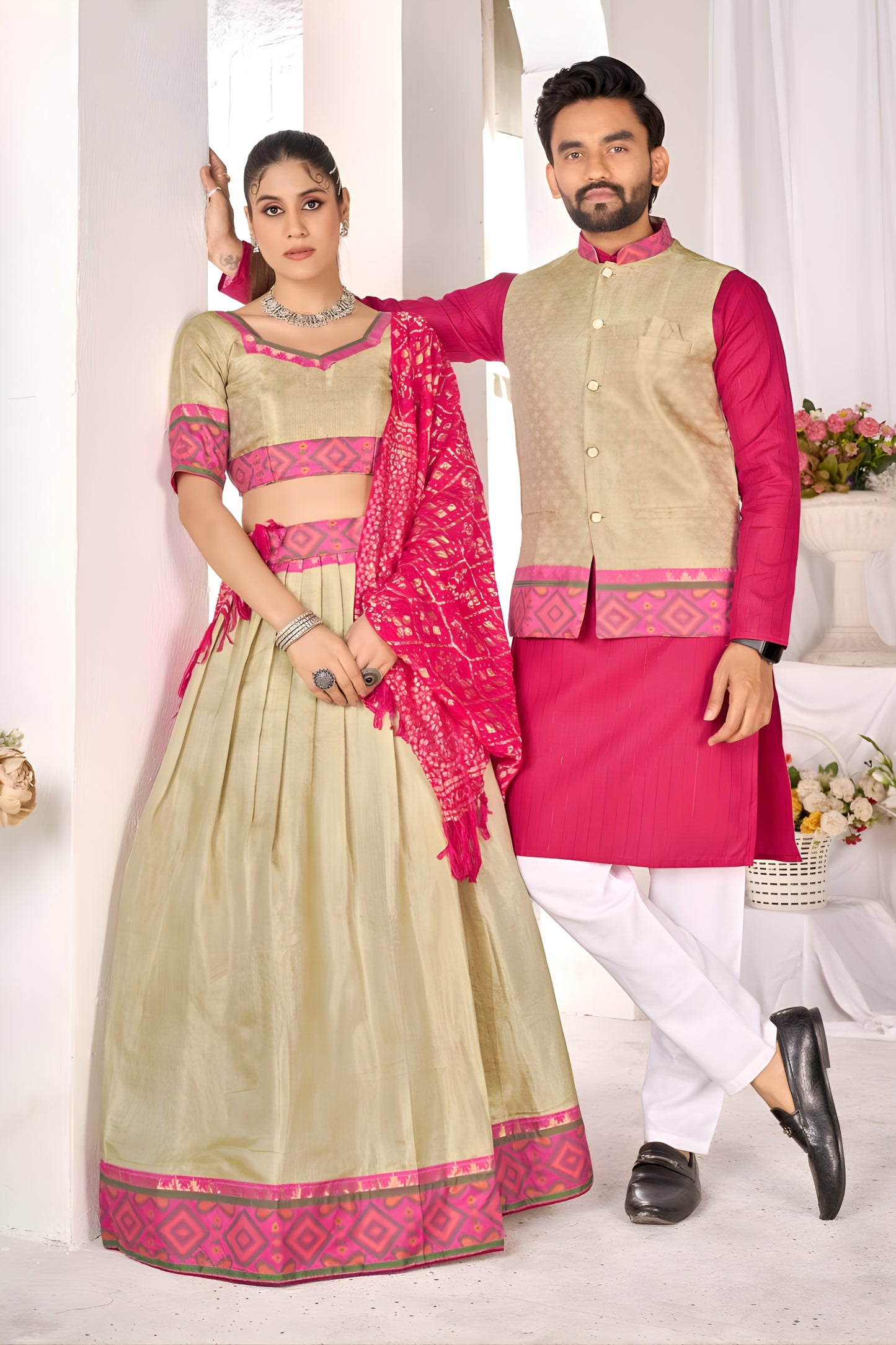 Elegant Beige and Pink Jacquard Silk Traditional Couple Outfit Set with Lehenga and Matching Kurta Jacket
