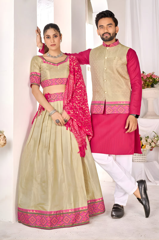 Elegant Beige and Pink Jacquard Silk Traditional Couple Outfit Set with Lehenga and Matching Kurta Jacket