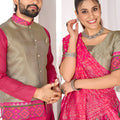 Trendy Grey and Pink Jacquard Silk Traditional Couple Outfit Set with Lehenga and Matching Kurta Jacket