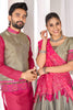 Trendy Grey and Pink Jacquard Silk Traditional Couple Outfit Set with Lehenga and Matching Kurta Jacket