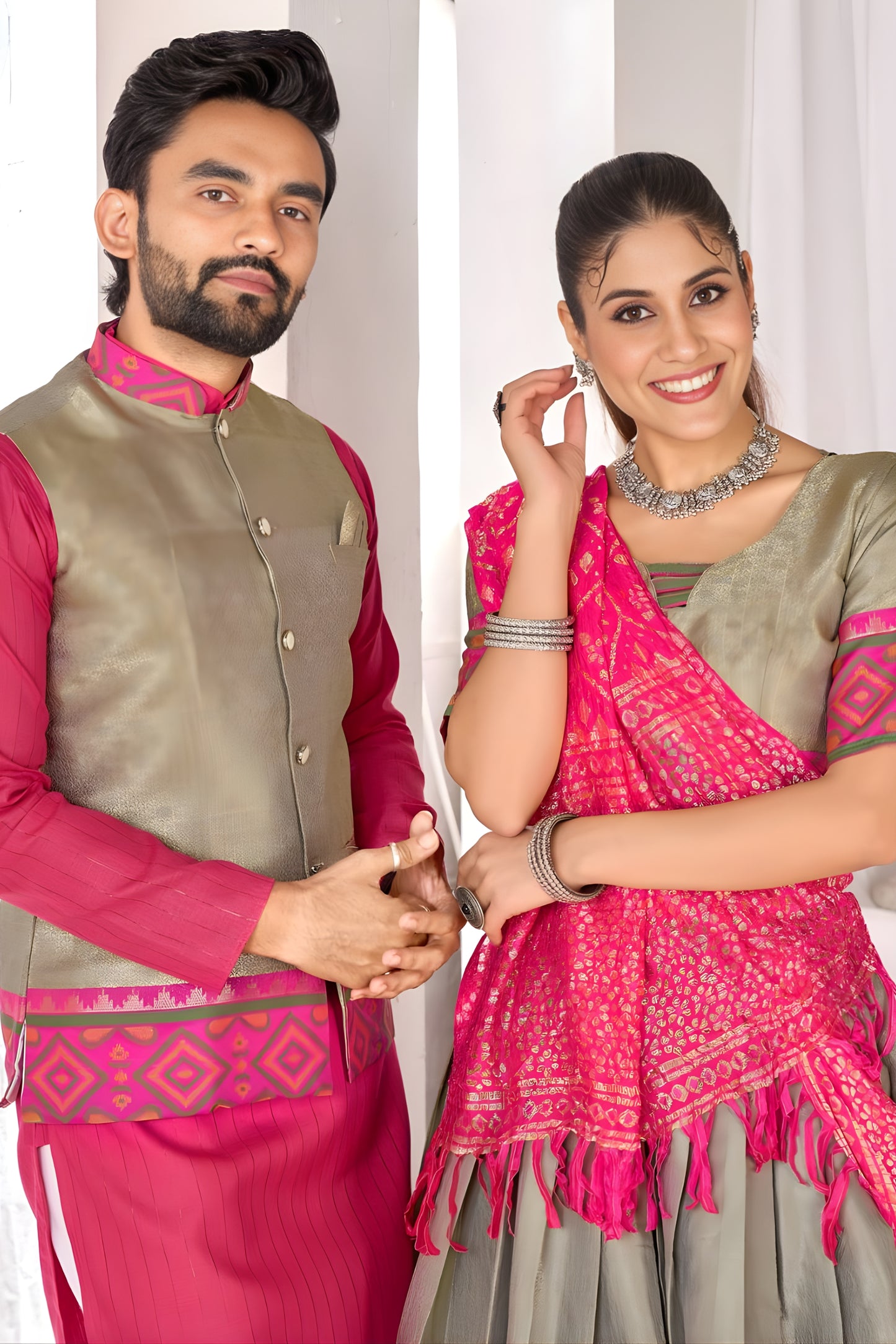Trendy Grey and Pink Jacquard Silk Traditional Couple Outfit Set with Lehenga and Matching Kurta Jacket