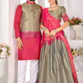 Trendy Grey and Pink Jacquard Silk Traditional Couple Outfit Set with Lehenga and Matching Kurta Jacket