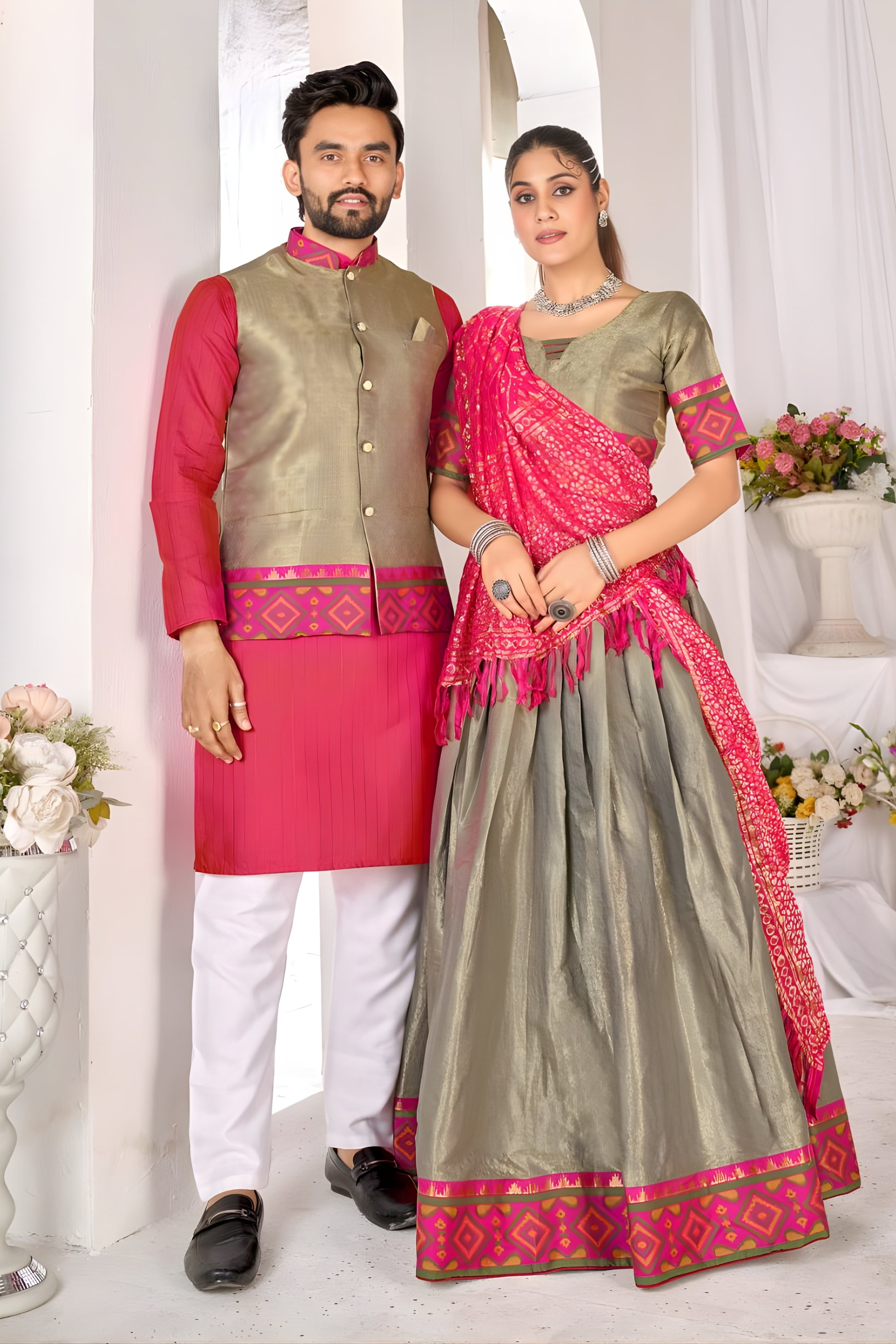 Trendy Grey and Pink Jacquard Silk Traditional Couple Outfit Set with Lehenga and Matching Kurta Jacket