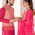 Stylish Peach and Pink Jacquard Silk Traditional Couple Outfit Set with Lehenga and Matching Kurta Jacket