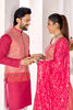 Stylish Peach and Pink Jacquard Silk Traditional Couple Outfit Set with Lehenga and Matching Kurta Jacket