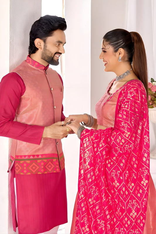 Stylish Peach and Pink Jacquard Silk Traditional Couple Outfit Set with Lehenga and Matching Kurta Jacket