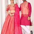 Stylish Peach and Pink Jacquard Silk Traditional Couple Outfit Set with Lehenga and Matching Kurta Jacket
