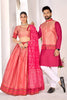 Stylish Peach and Pink Jacquard Silk Traditional Couple Outfit Set with Lehenga and Matching Kurta Jacket