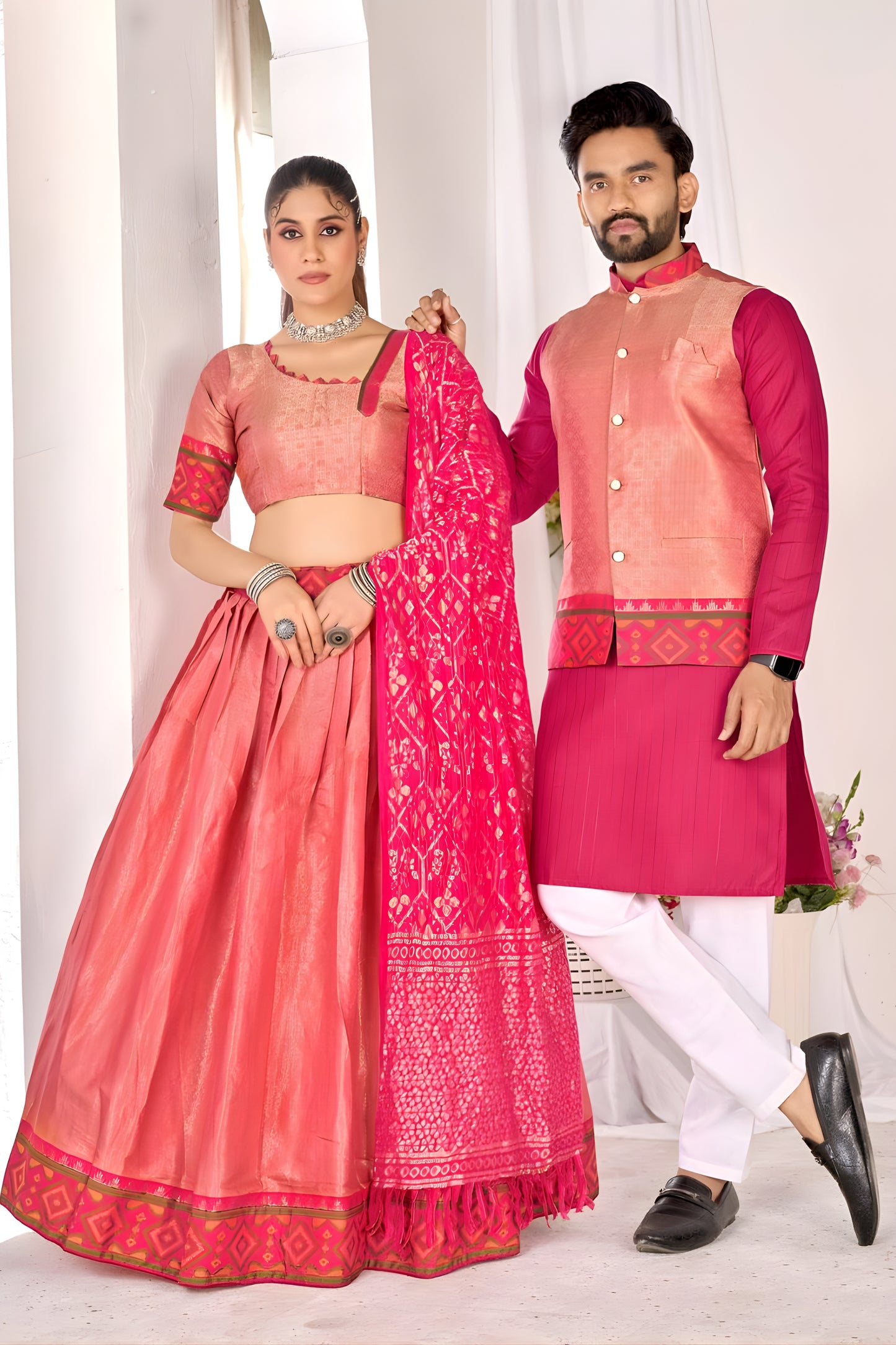 Stylish Peach and Pink Jacquard Silk Traditional Couple Outfit Set with Lehenga and Matching Kurta Jacket