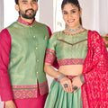 Wonderful Green and Pink Jacquard Silk Traditional Couple Outfit Set with Lehenga and Matching Kurta Jacket