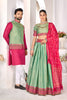 Wonderful Green and Pink Jacquard Silk Traditional Couple Outfit Set with Lehenga and Matching Kurta Jacket