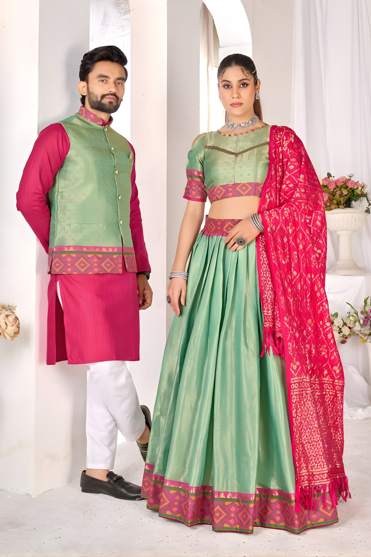 Wonderful Green and Pink Jacquard Silk Traditional Couple Outfit Set with Lehenga and Matching Kurta Jacket