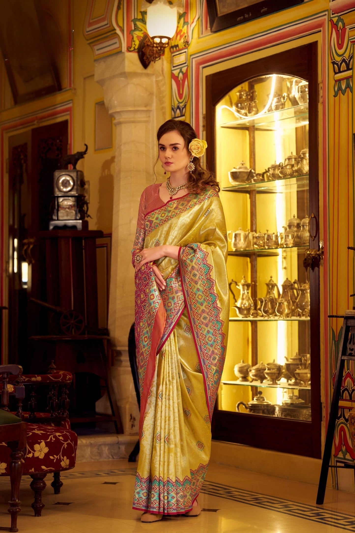 Gold Tissue Patola Silk Saree Handwoven Patola Design Multicolor Border