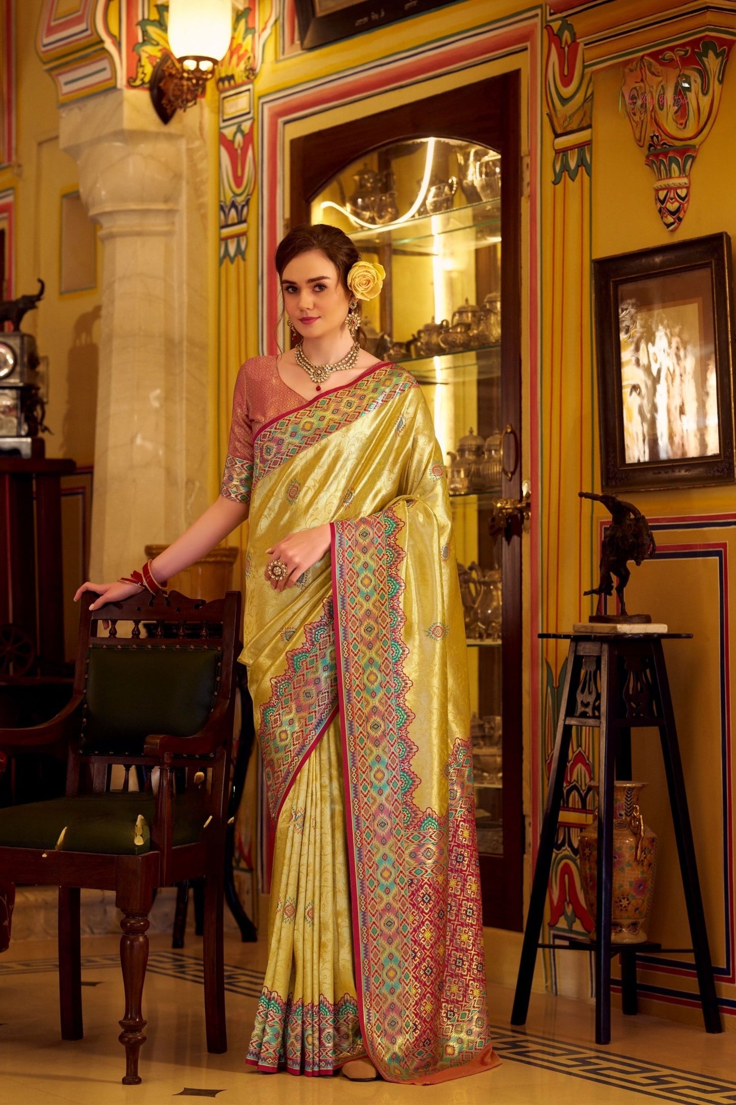 Gold Tissue Patola Silk Saree Handwoven Patola Design Multicolor Border