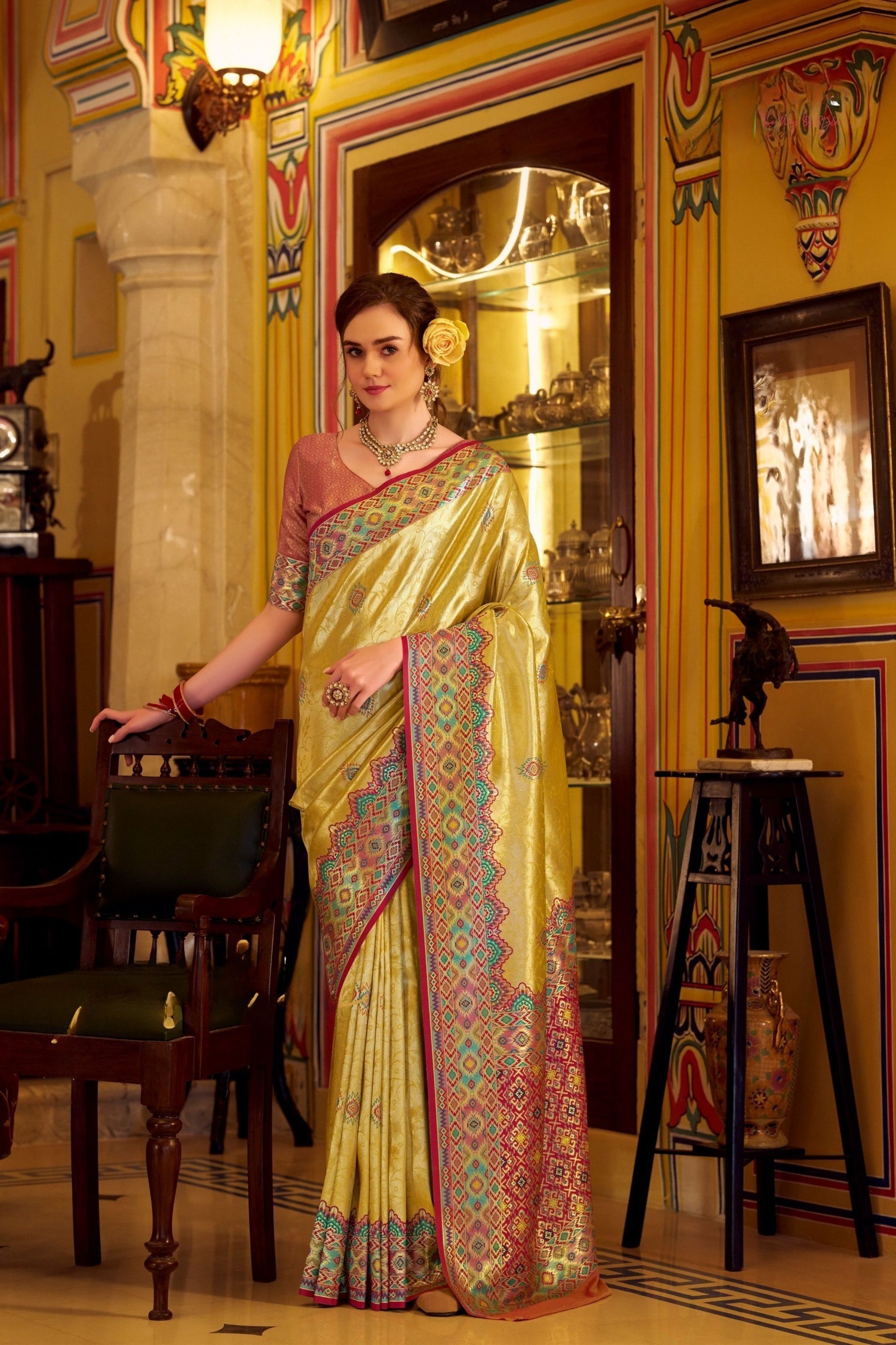 Gold Tissue Patola Silk Saree Handwoven Patola Design Multicolor Border