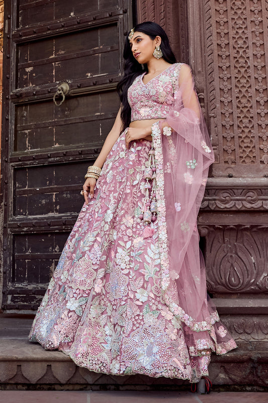 Elegant Dusty Pink Net Embroidered Wedding Lehenga Choli with Floral Sequins Work