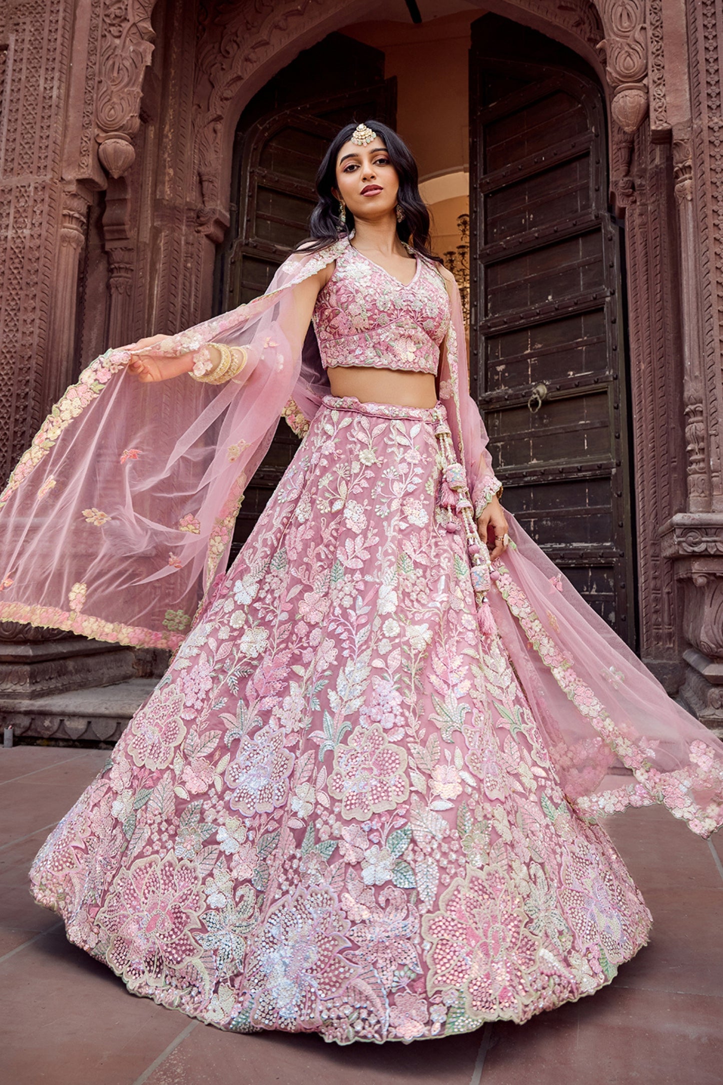 Elegant Dusty Pink Net Embroidered Wedding Lehenga Choli with Floral Sequins Work
